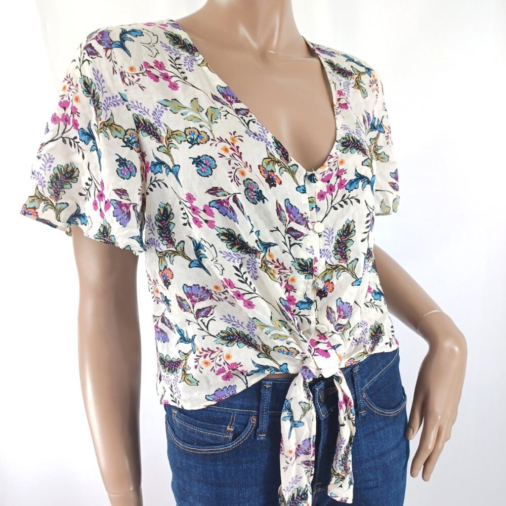 ONE CLOTHING Blouse Short Flutter Sleeves Tie Waist Floral L